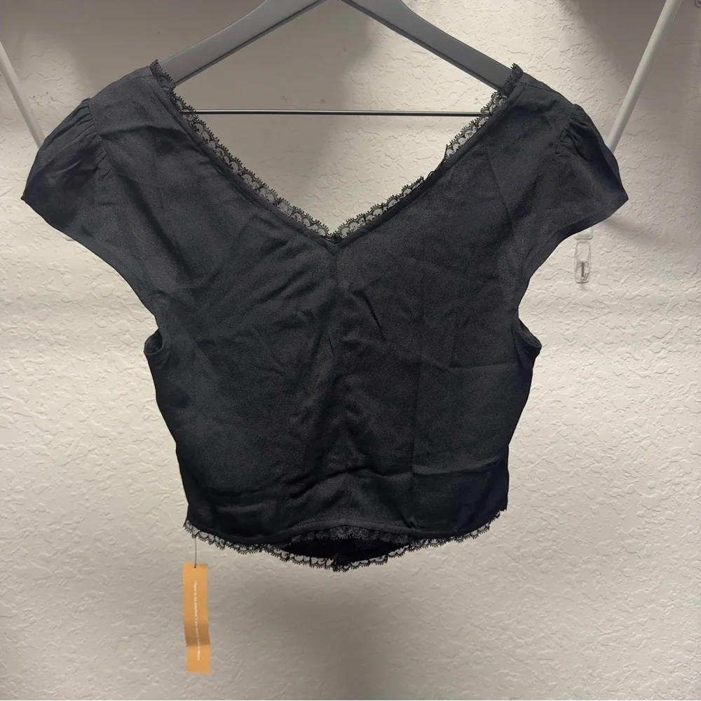 Reformation Black Lace-Trim Tie-Front Top
